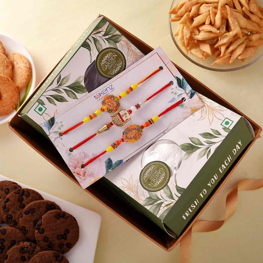 Designer Rakhis Set Of 3 With Cookies & Namkeen