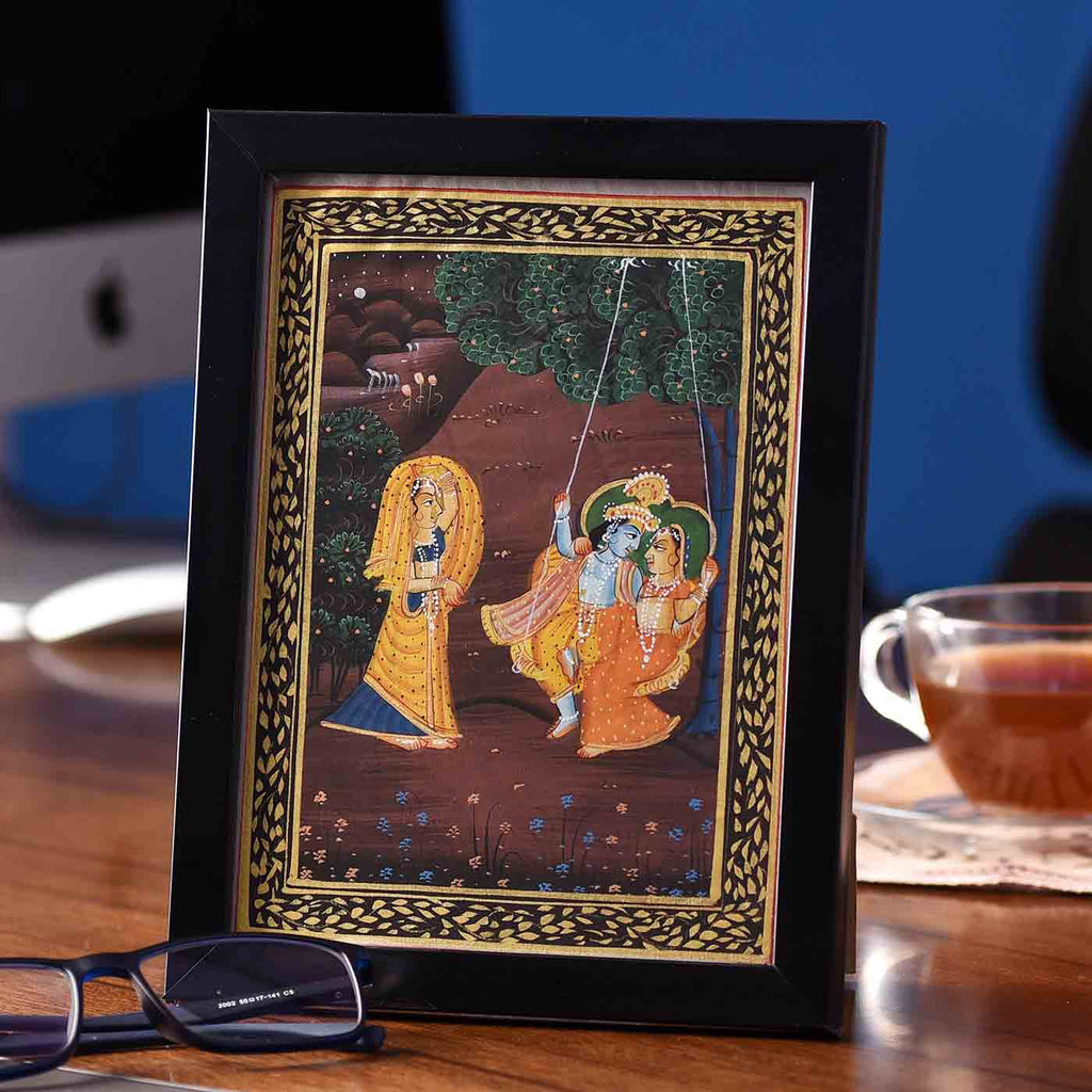 Swinging Radha-Krishna Desktop Painting (Framed, 5.5*7.5 Inches)