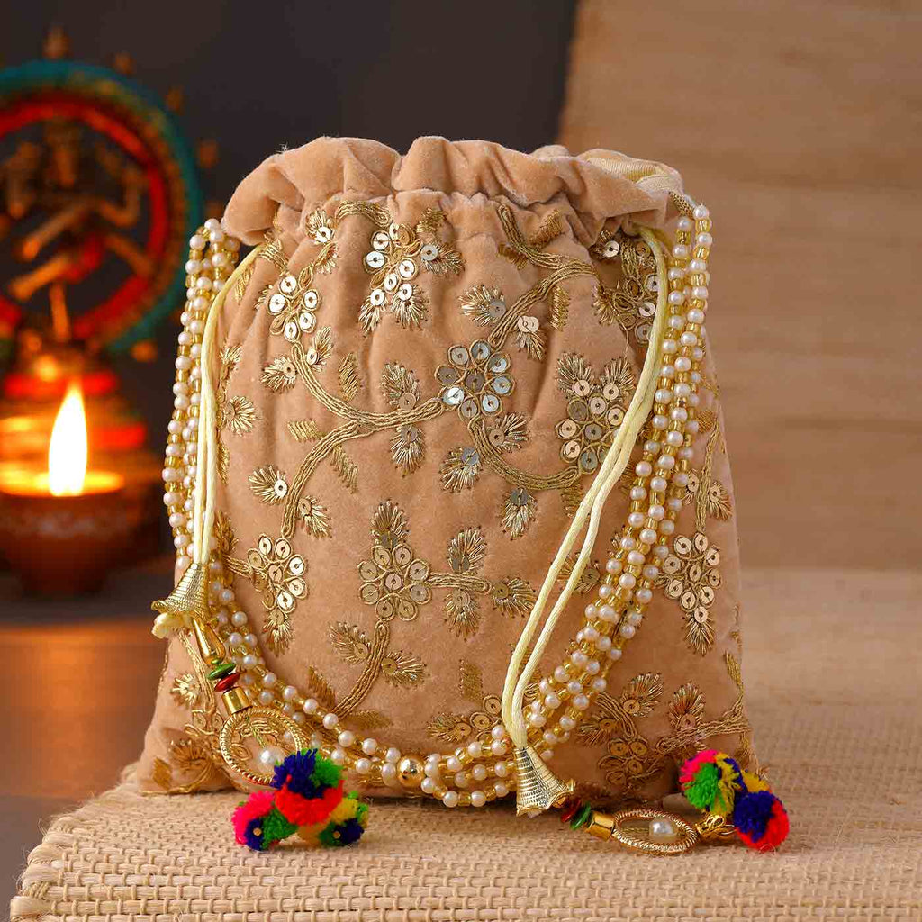 Grey Silk Zari Embroidered Potli Bag 109BG09