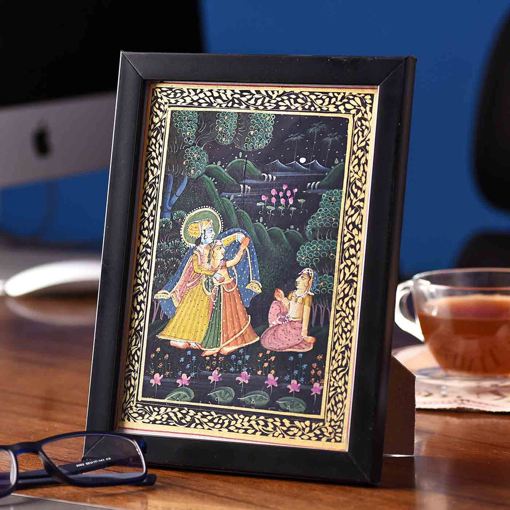 Protective Radha-Krishna Desktop Painting (Framed, 5.5*7.5 Inches)