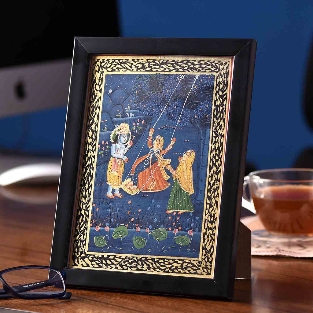 Joyful Radha-Krishna Desktop Painting (Framed, 5.5*7.5 Inches)
