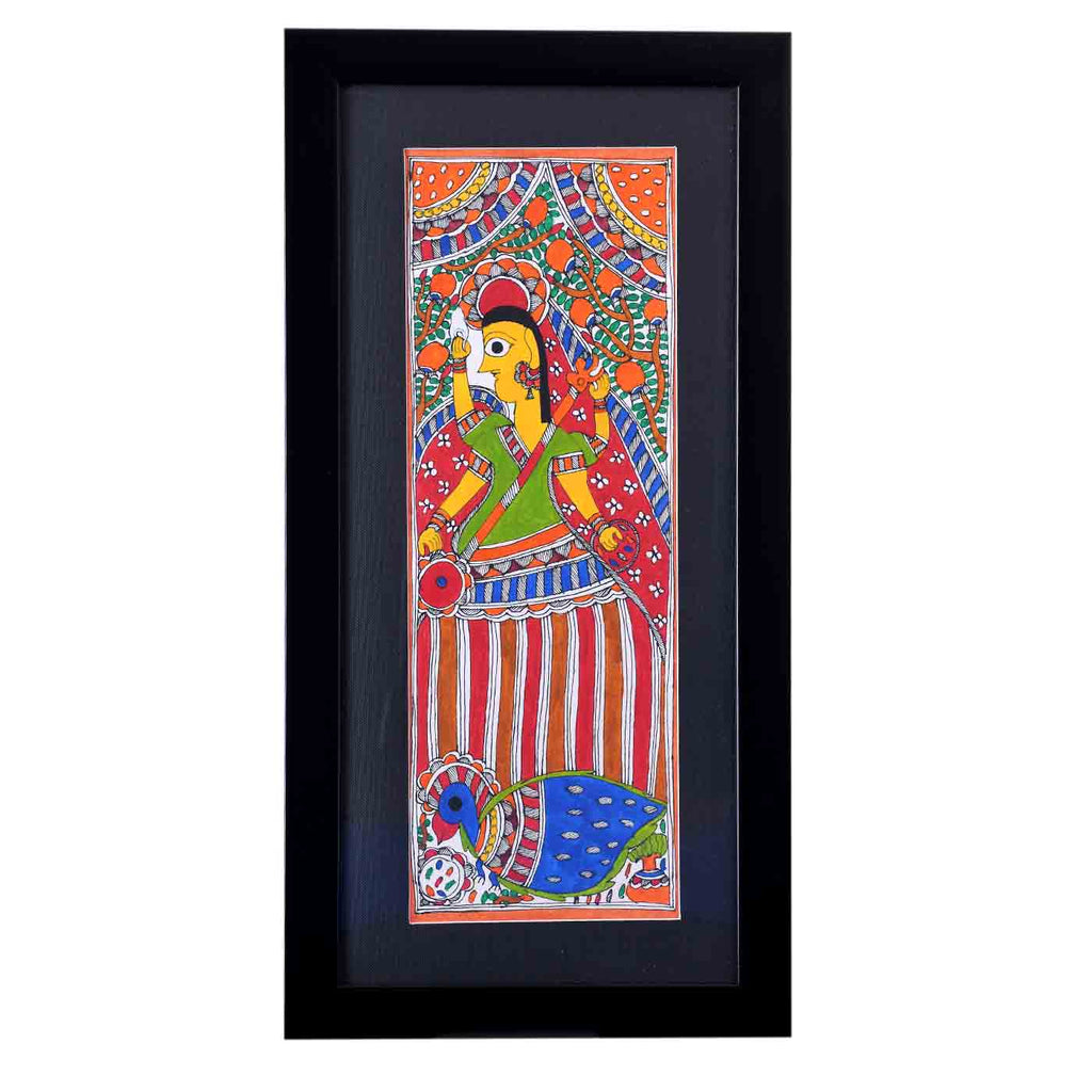 Dignified Saraswati Madhubani Painting (Framed, 10*19 Inches)