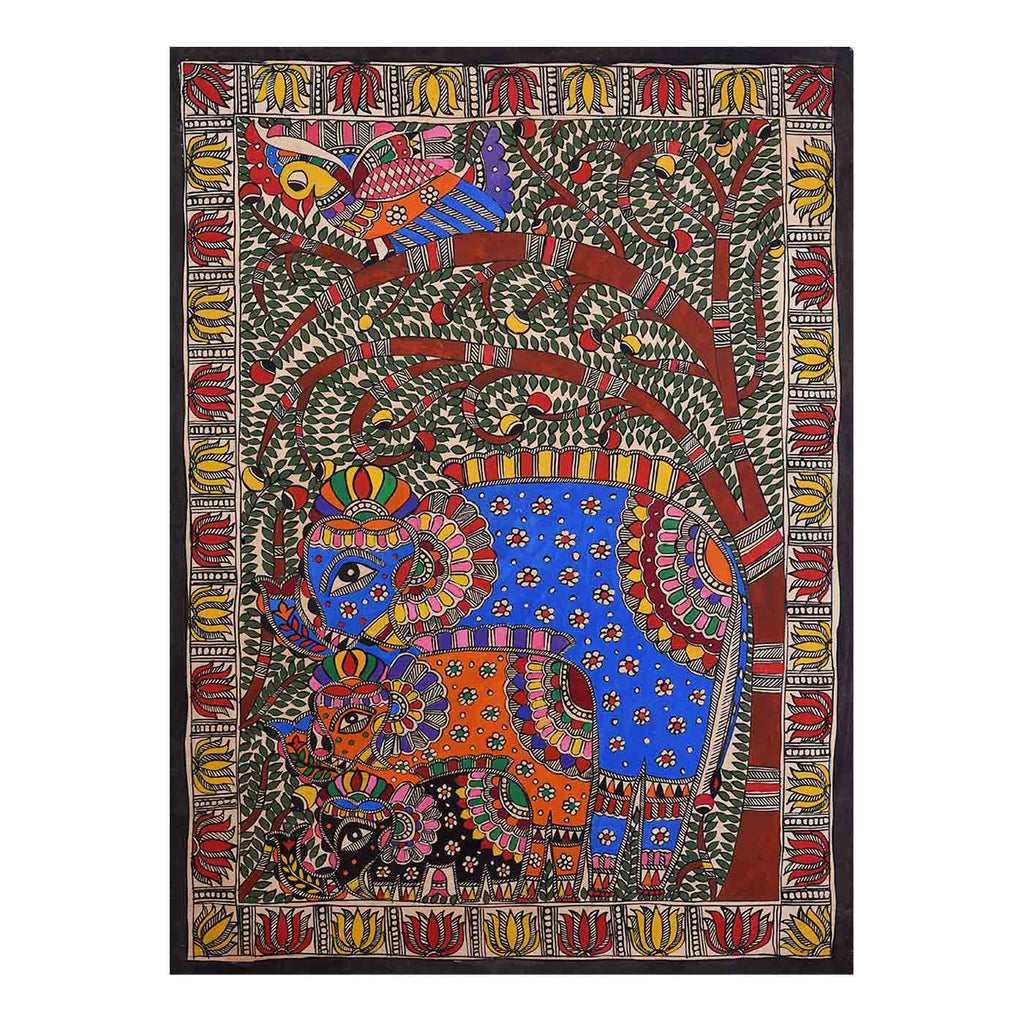Colourful Elephant Family Madhubani Painting (21*29 Inches)