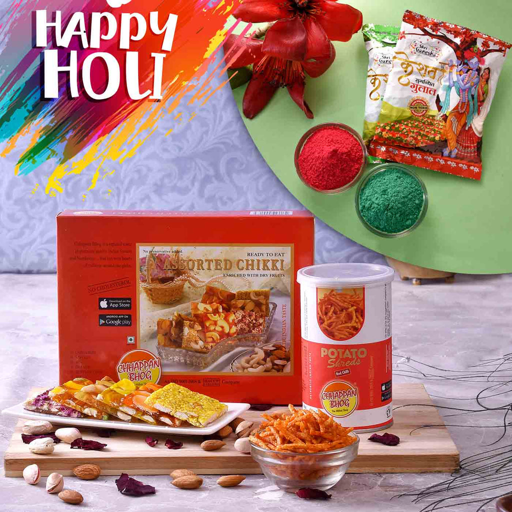 Crispy Combo of Assorted Chikkis & Potato Shreds With Fragrant Rich Gulal