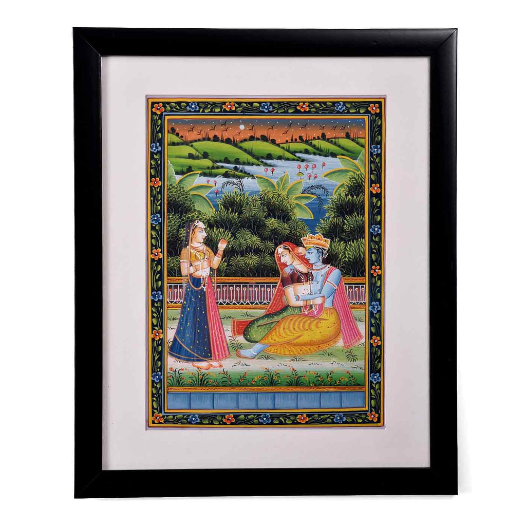 Blissful Radha Krishna Rajasthani Mughal Style Painting (13.5*16.5 Inches)