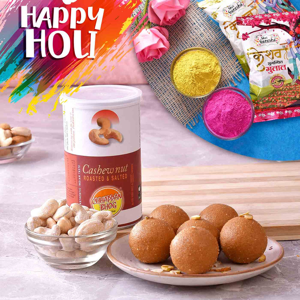 Holi Special Combo Of Besan Laddoo & Cashewnut With Fragrant Kesav Gulal