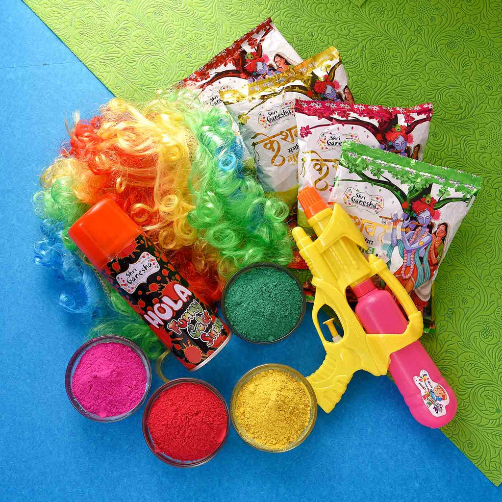 Holi Hamper Of Fragrant Kesav Gulal, Water Gun, Colourful Malinga Cap And Hola Colour Spray