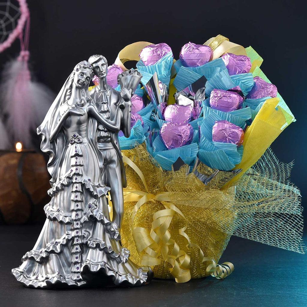 Kissing Couple Figurine With Chocolates Flower Bouquet