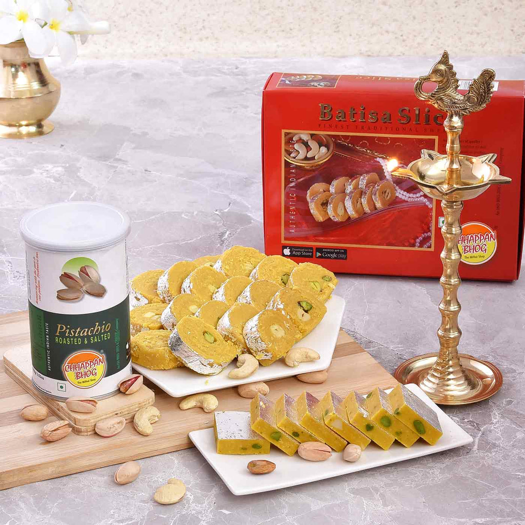 Diwali Hamper Of Rudrakshi Deep, Batisa Slice, Kaju Kesar Barfi & Roasted Pistachios