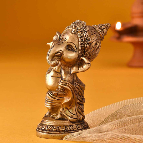 Joyful Cute Ganesha Brass Idol