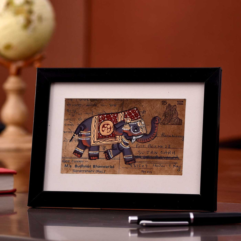 Ancient Elephant Postcard Painting (Framed, 5*3 Inches)