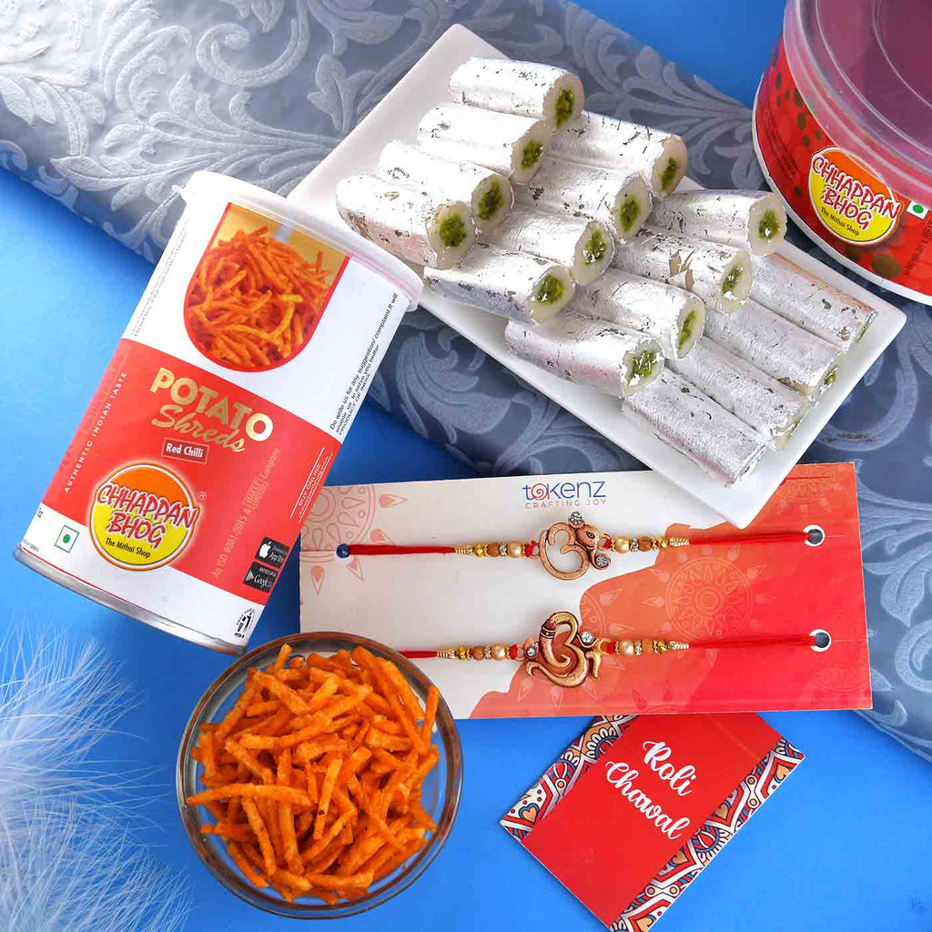 Set of 2 Om Rakhis with Kaju Roll & Potato Shreds