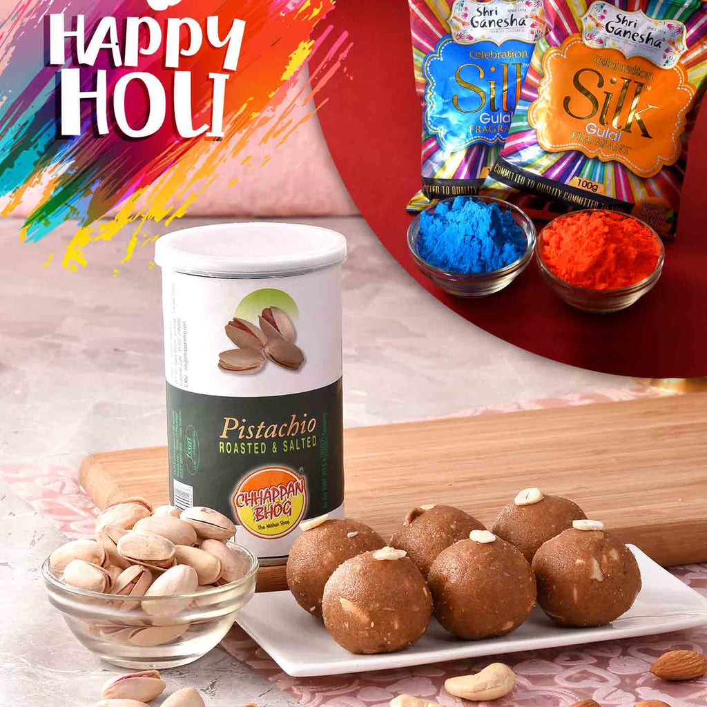 Happy Holi Hamper Of Pistachio & Panjiri Laddoo With  Vibrant Fragrant Silk Gulal