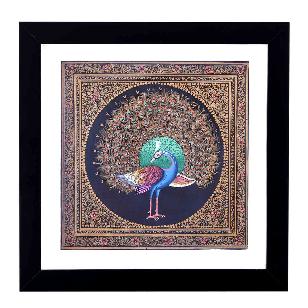 Enticing Peacock Pattachitra Painting (Framed, 12.5*12.5 Inches)