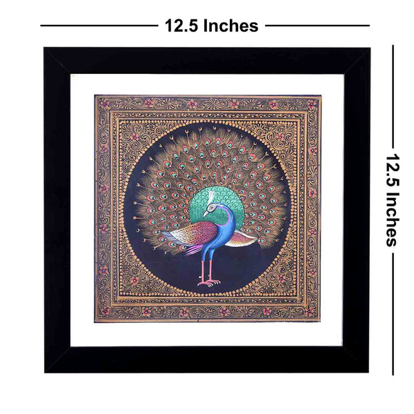 Enticing Peacock Pattachitra Painting (Framed, 12.5*12.5 Inches)