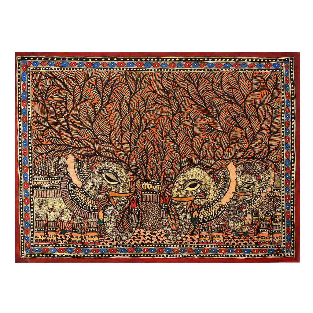The Elephant Family Under Tree Madhubani Painting (29*21 Inches)