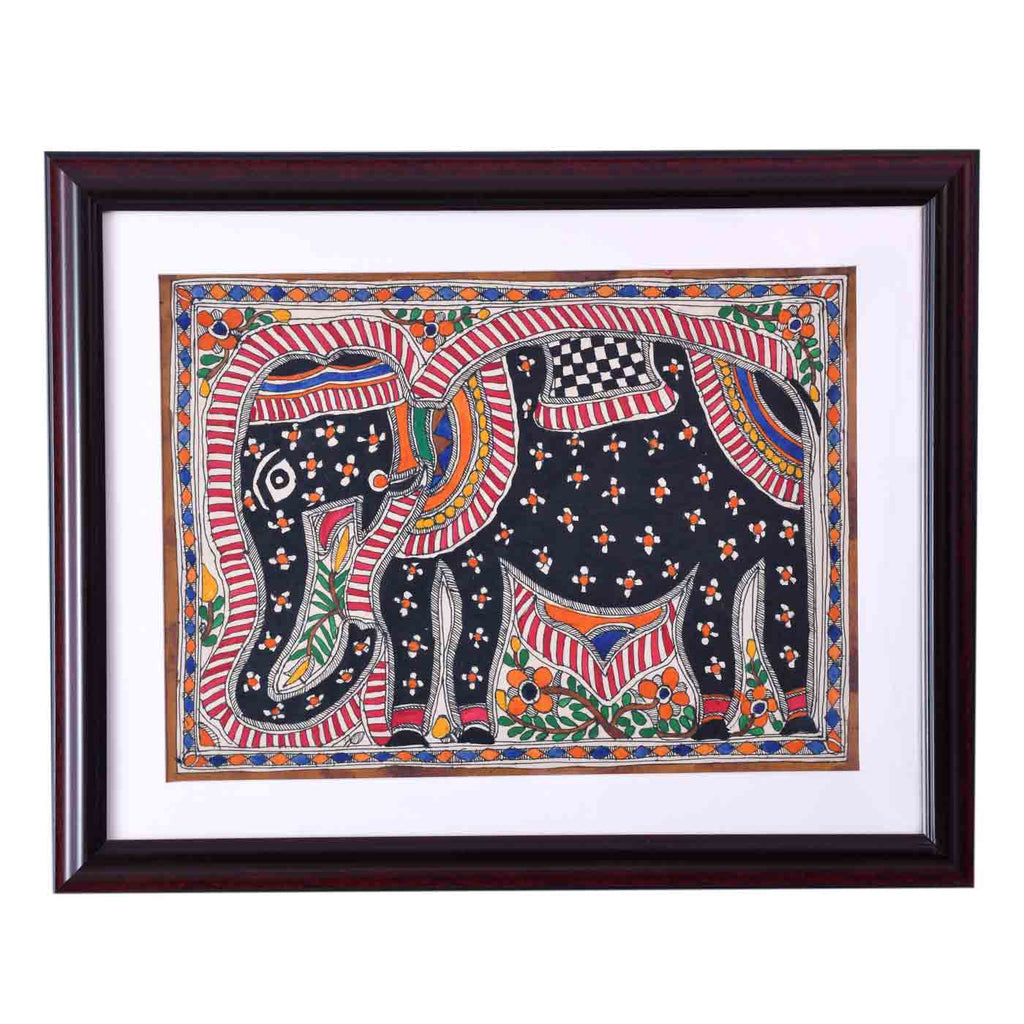 Artistic Elephant Madhubani Painting (Framed, 15.5*19.5 Inches)