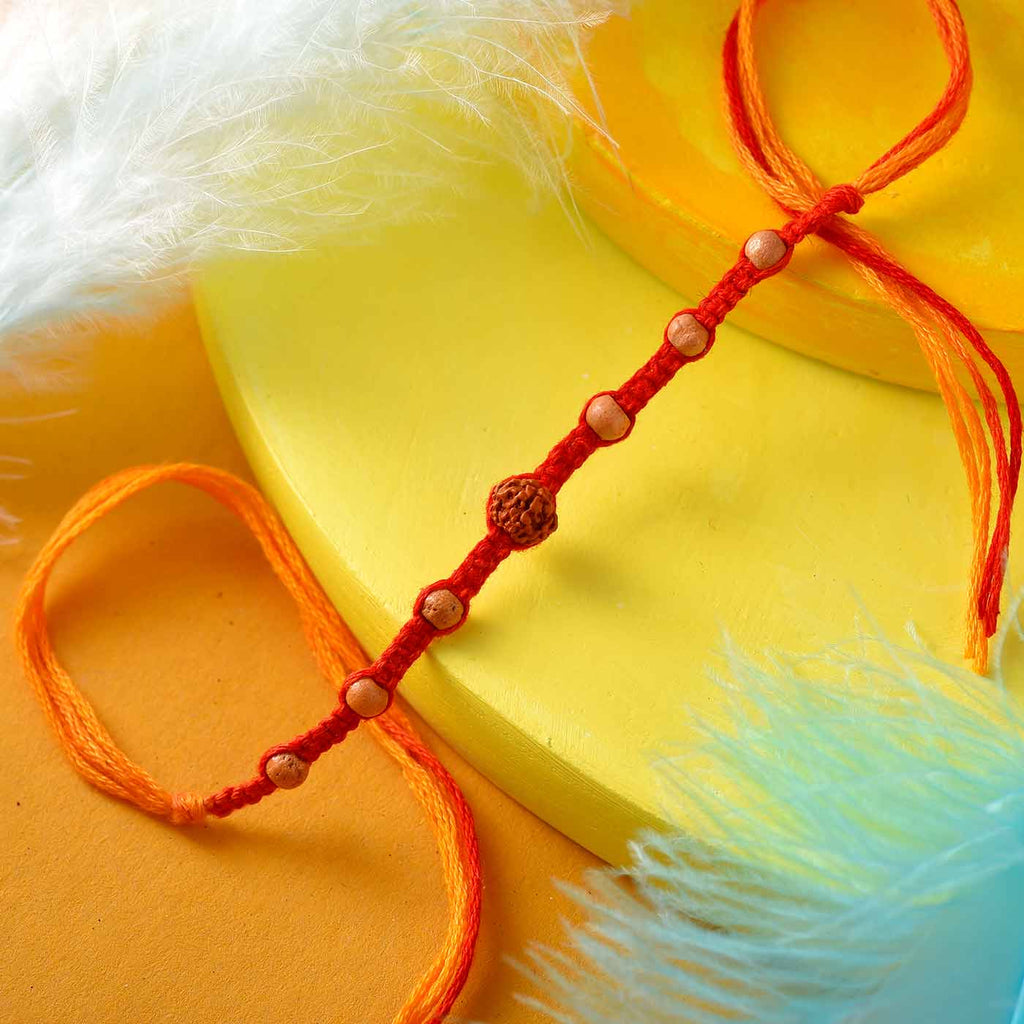 Rudraksh And Wooden Beads Rakhi In Multicolor Thread