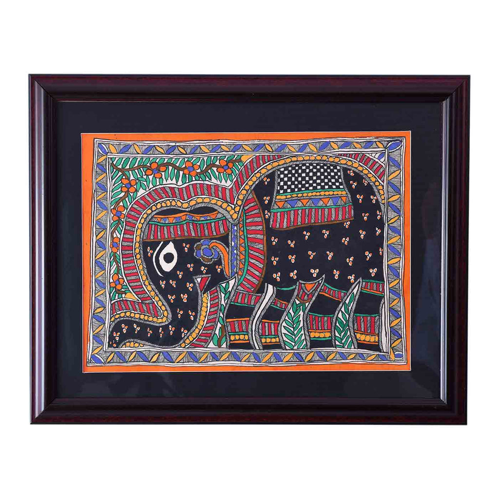 Imperial Elephant Madhubani Painting (Framed,19*10 Inches)