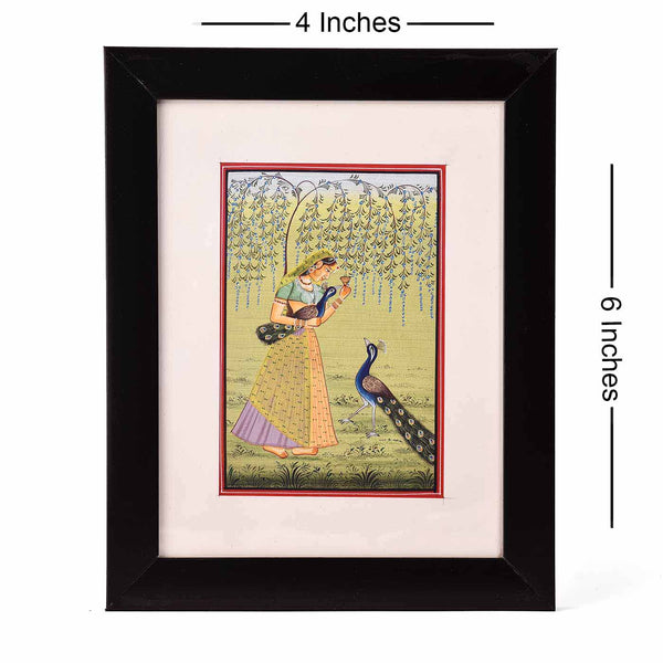 Elegant Lady With Peacock Desktop Painting (Framed, 4*6 Inches)
