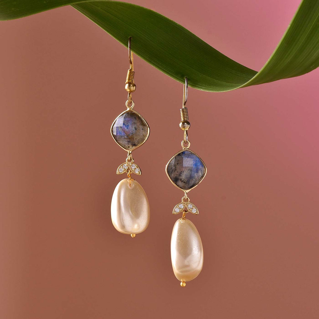 Elegant Labradorite Pearl Hook Earrings
