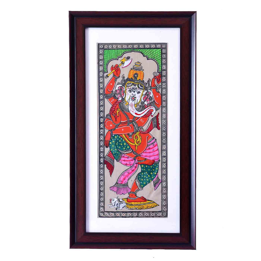 Dancing Ganesha Framed Painting On Tussar Silk