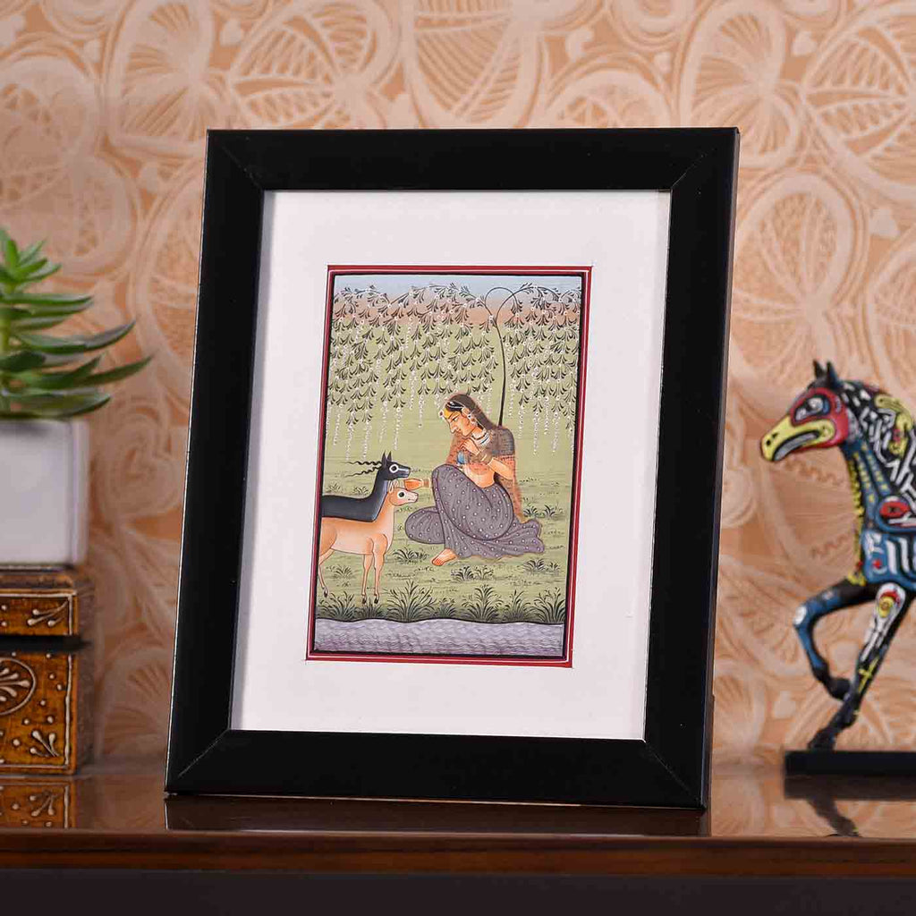 Composed Lady With Animals Desktop Painting (Framed, 4*6 Inches)