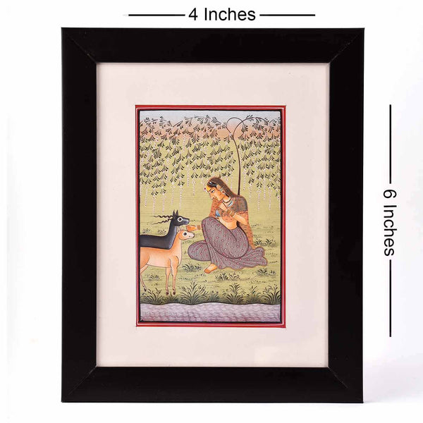 Composed Lady With Animals Desktop Painting (Framed, 4*6 Inches)