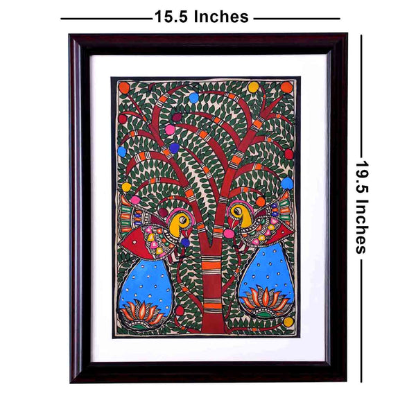 Captivating Peacock Madhubani Painting (Framed, 15.5*19.5 Inches)