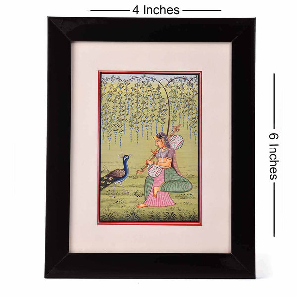 Lady Playing Sitar Desktop Painting (Framed, 4*6 Inches)