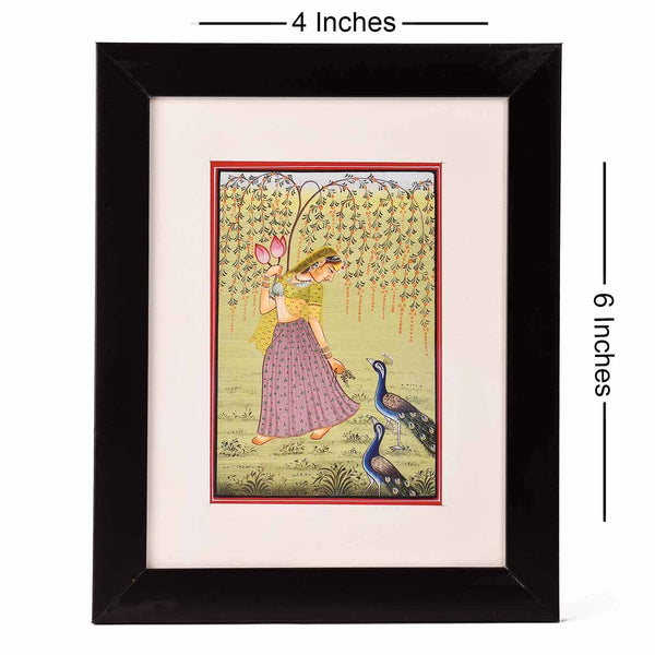 Impressive Lady With Peacock Desktop Painting (Framed, 4*6 Inches)