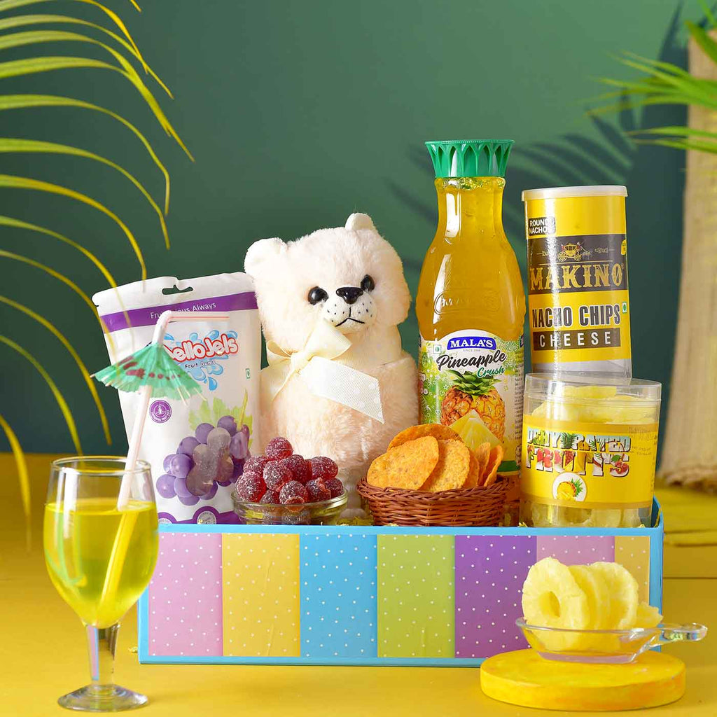 Endearing Hamper With Soft Toy, Fruit Gums, Chips & Tray