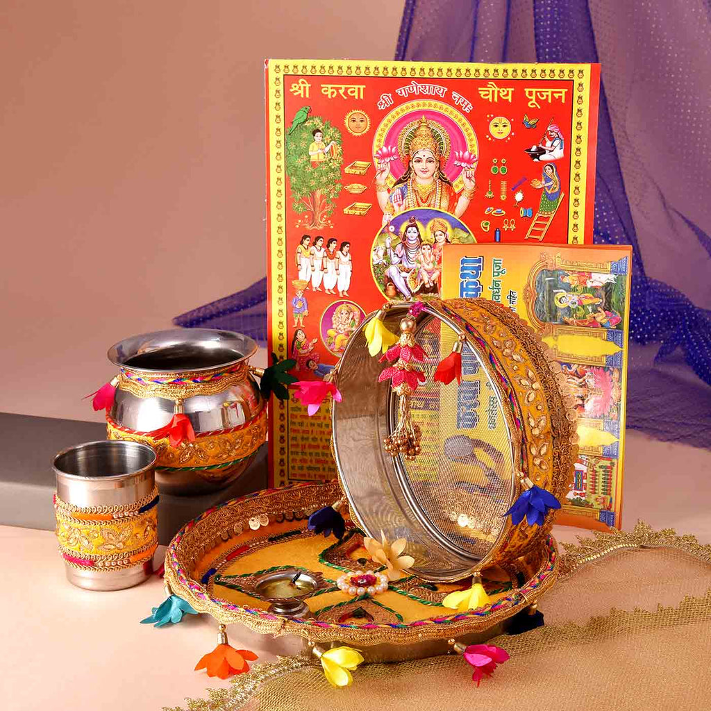 Sensational Karwachauth Set Of Pooja Thali, Chalni, Steel Glass, Chunri, Karwa Vrat Book & Calendar