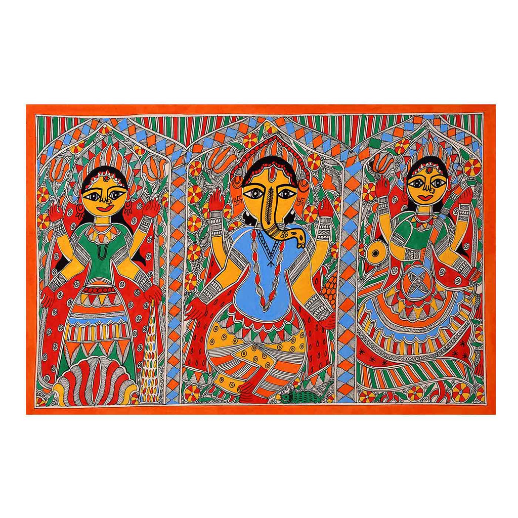 Ganesh Lakshmi Saraswati Madhubani Painting (21*14 Inches)