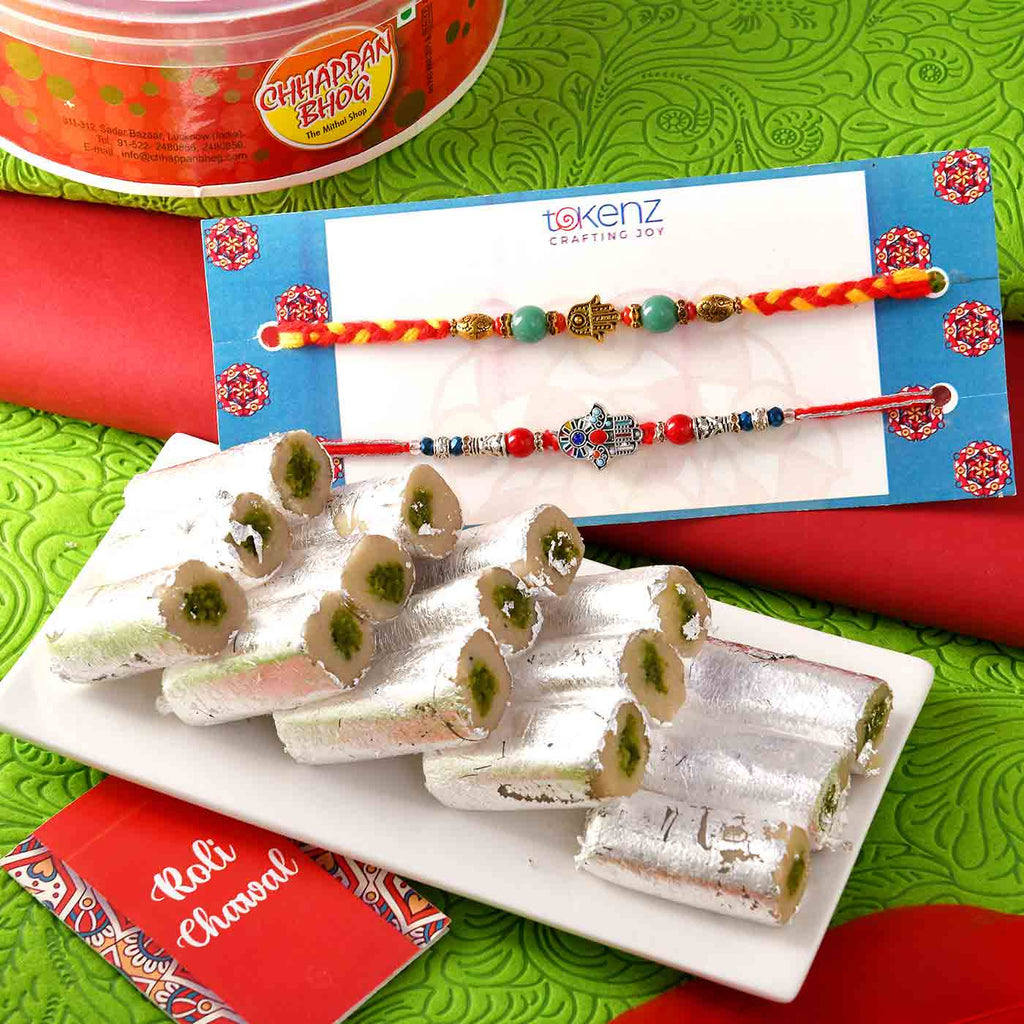 Charming Set Of 2 Rakhis With Pista Roll