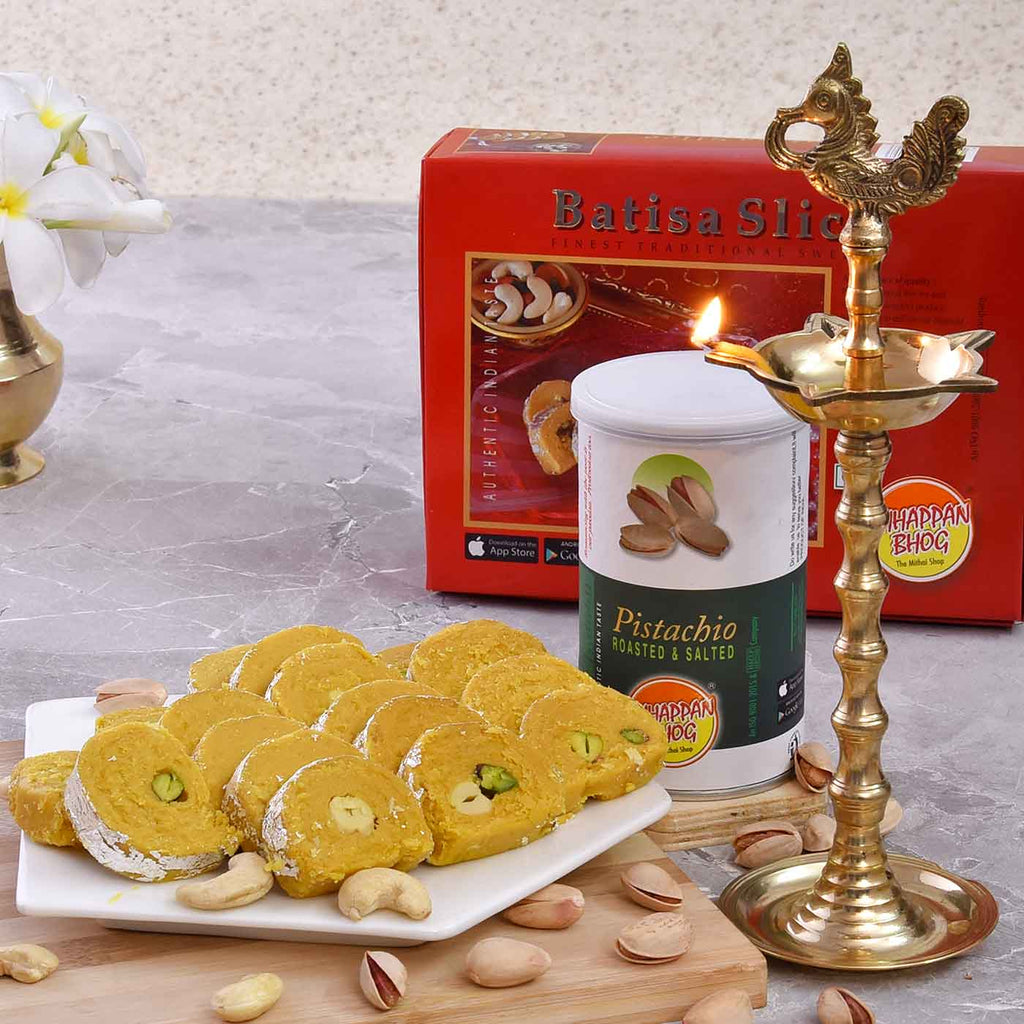 Festivity Hamper Of Rudrakshi Deep, Batisa Slice & Roasted Pistachios