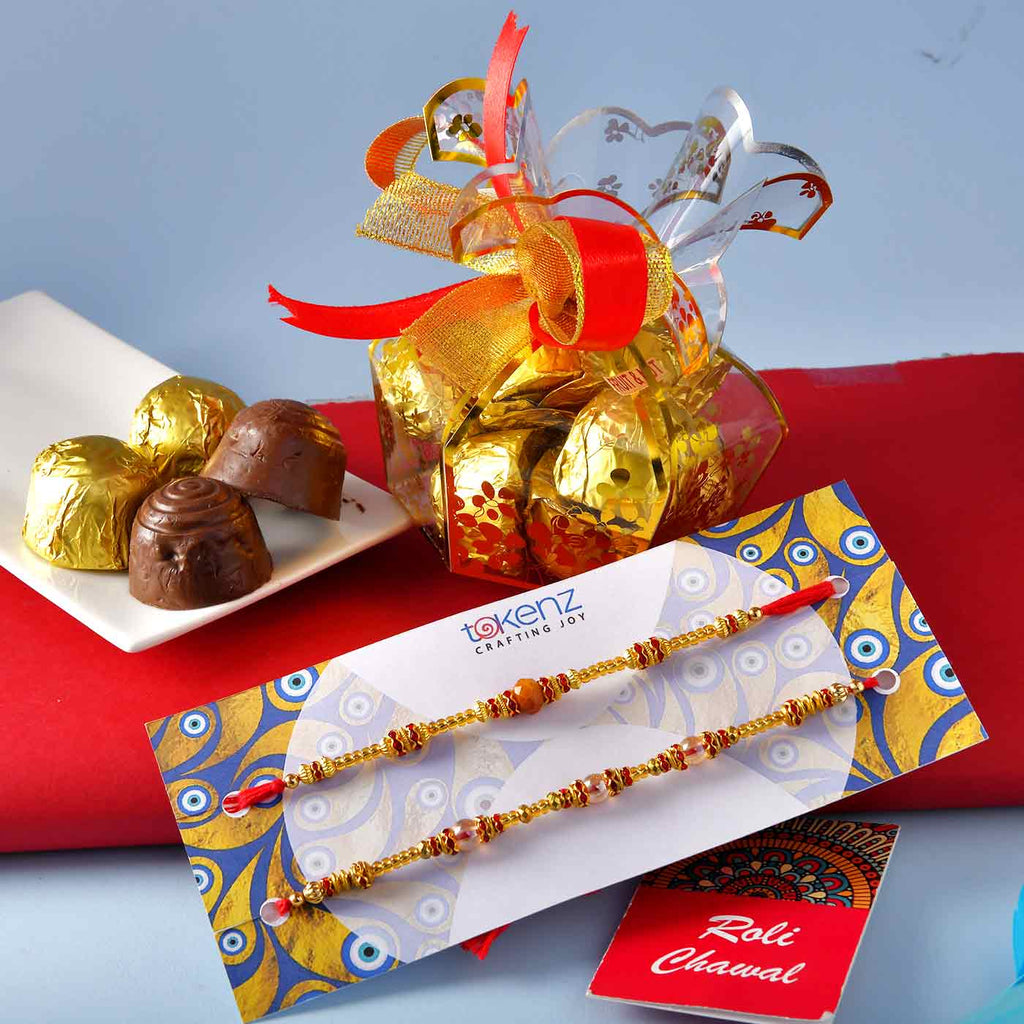 Rakhis Set Of 2 & Assorted Handmade Chocolate Box Combo