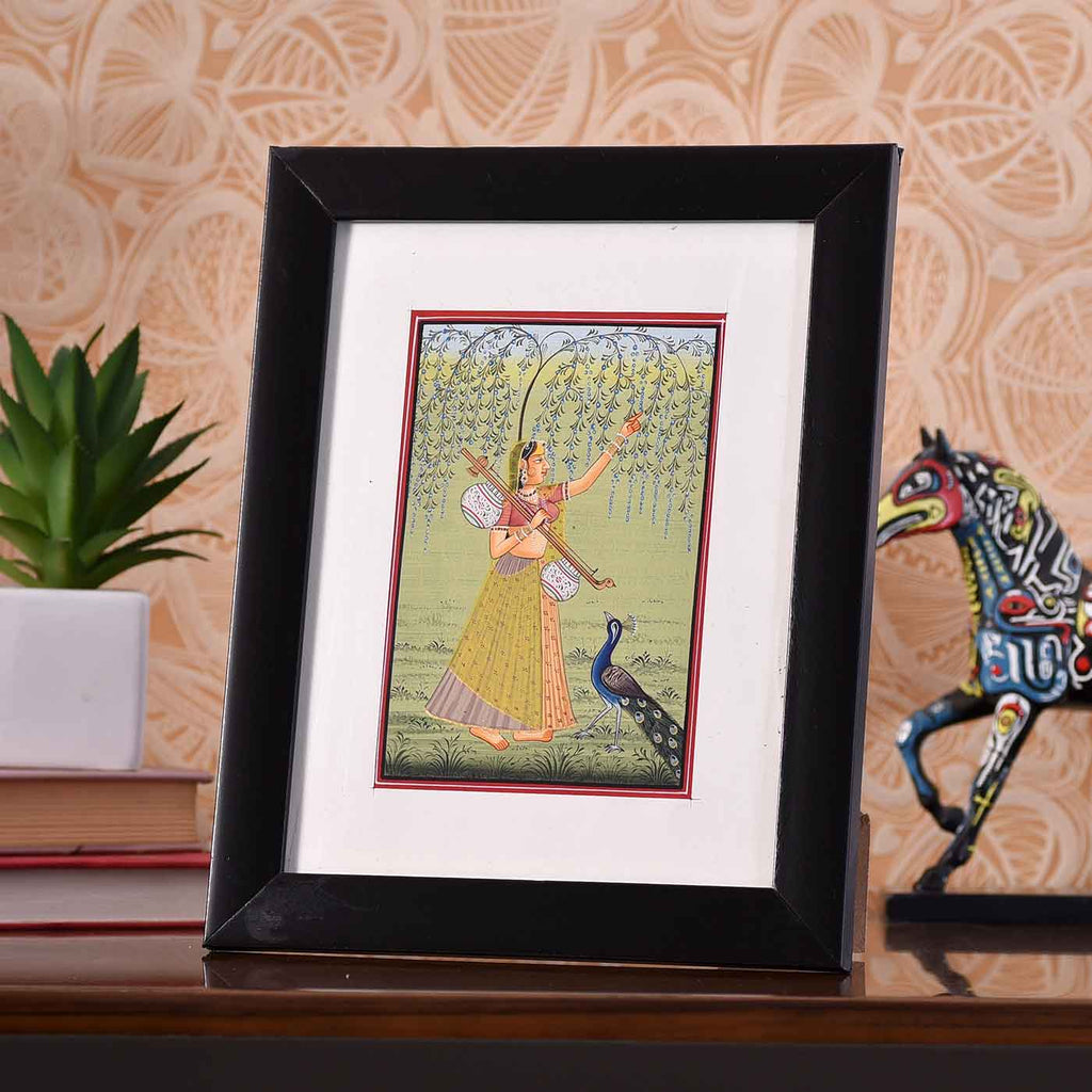 Inspirational Lady Playing Sitar Desktop Painting (Framed, 4*6 Inches)
