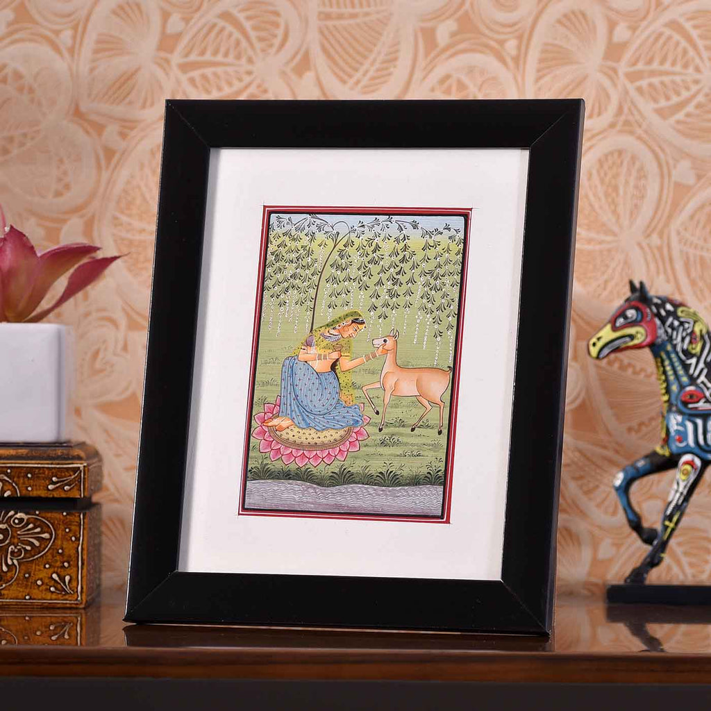 Artistic Lady With Deer Desktop Painting (Framed, 4*6 Inches)