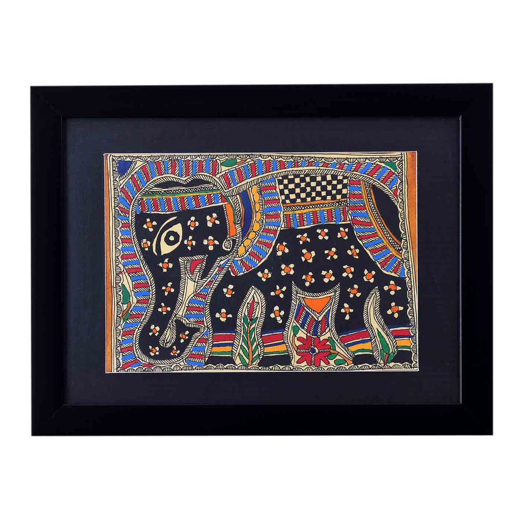 Royal Elephant Madbhubani Painting (Framed, 14.5*11 Inches)