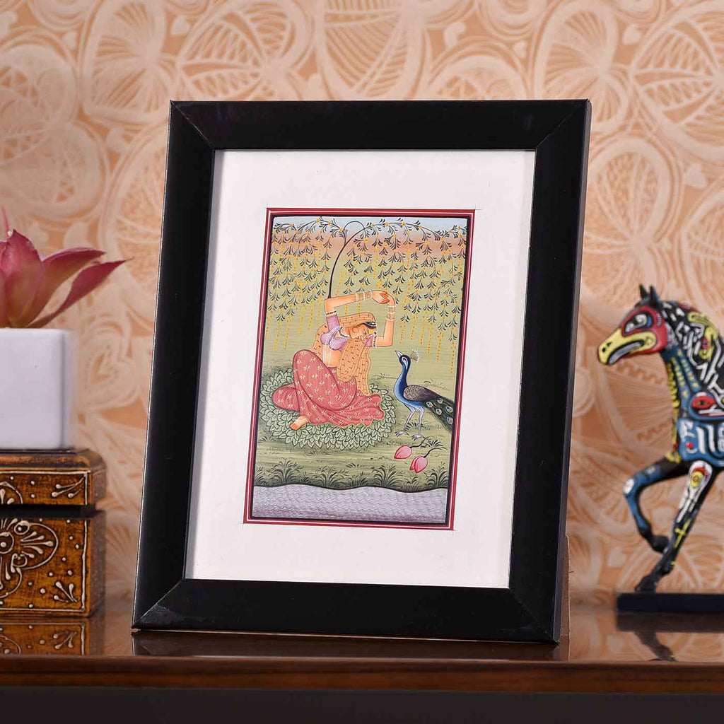 Dancing Lady With Peacock Desktop Painting (Framed, 4*6 Inches)