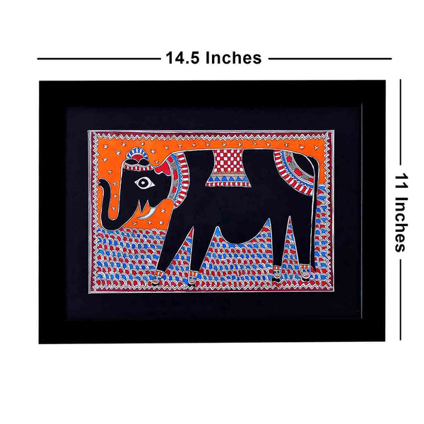 Auspicious Elephant Madbhubani Painting (Framed, 14.5*11 Inches)
