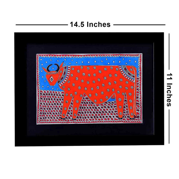 Mother Cow Madhubani Painting (Framed, 14.5*11 Inches)
