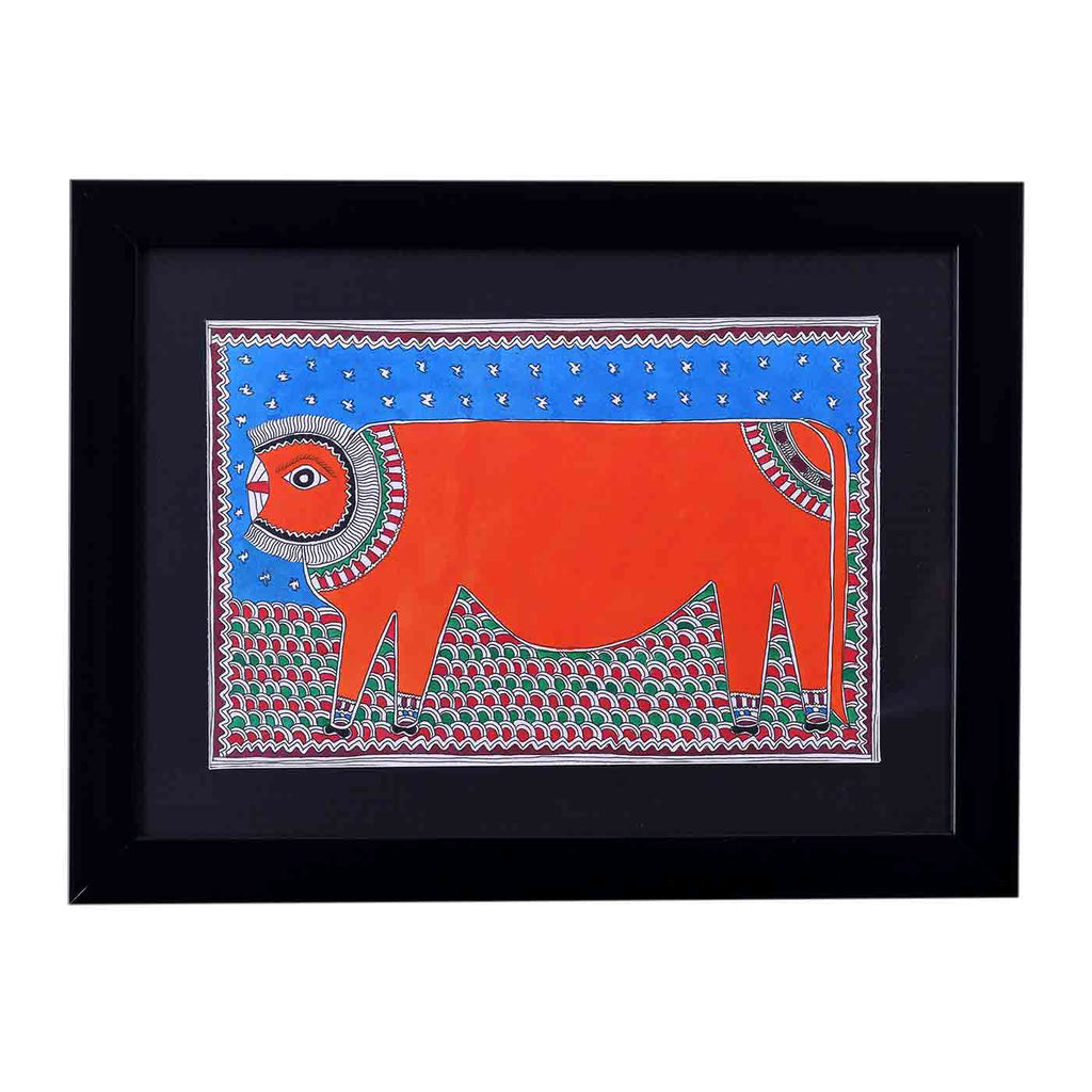 Ferocious Lion Madhubani Painting (Framed, 14.5*11 Inches)