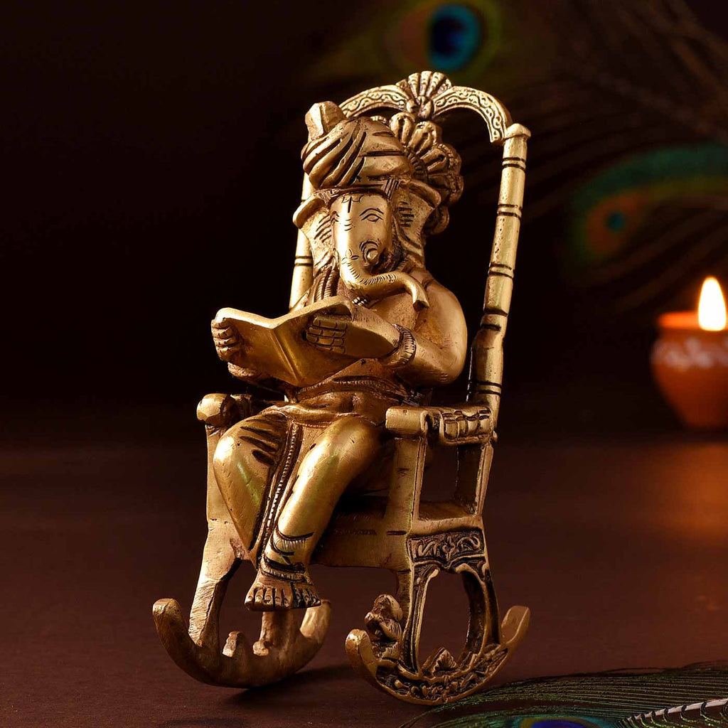 Ganesha Reading On Armchair Brass Idol