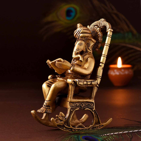 Ganesha Reading On Armchair Brass Idol