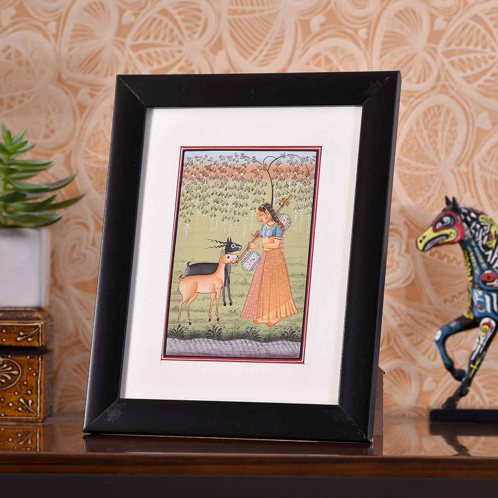 Compassionate Lady With Animals Desktop Painting (Framed, 4*6 Inches)