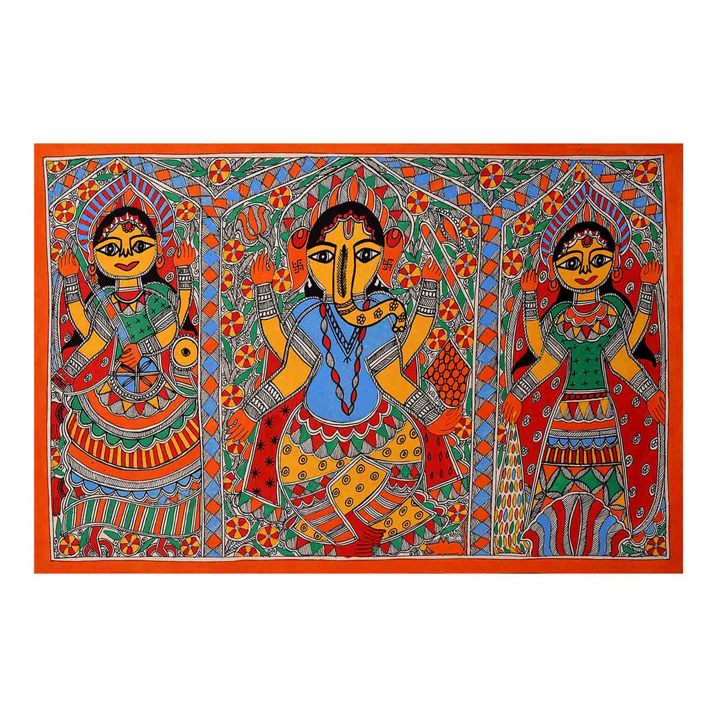 Triad Deities Ganesh Lakshmi Saraswati Madhubani Painting (21*14 Inches)