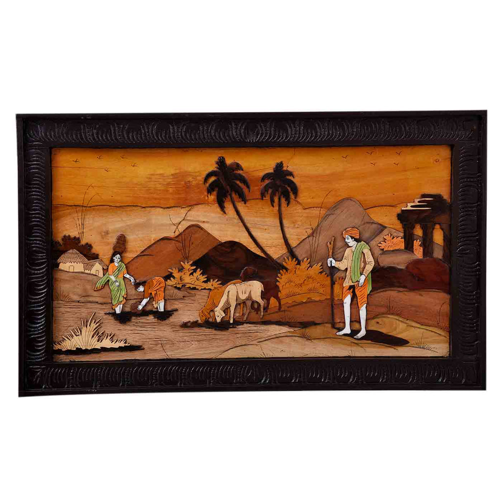 Serene Rural Life Mysore Rosewood Inlay Painting (18*30*1.7 Inches)