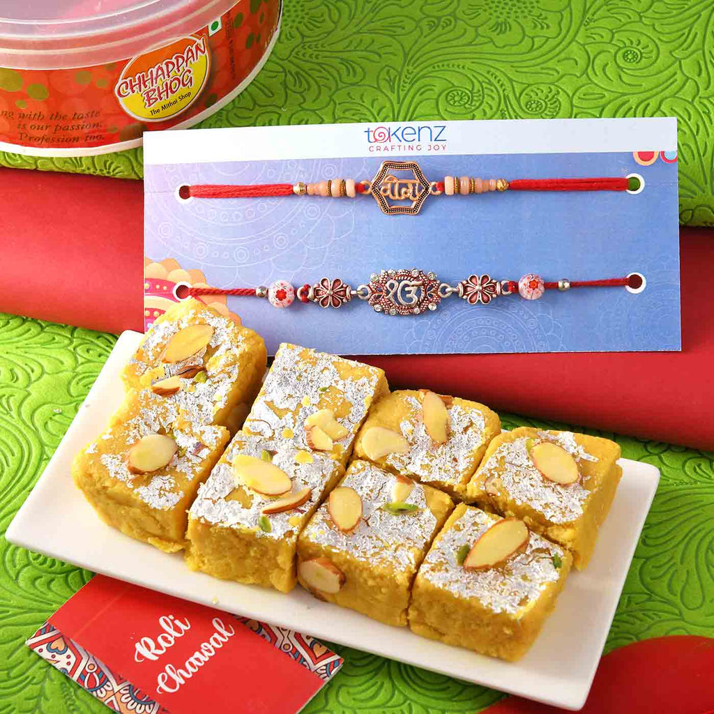 Traditional Set Of 2 Rakhis With Mewa Batisha